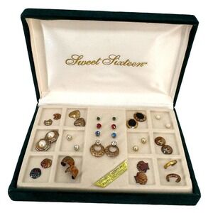 🍀 Vintage Sweet Sixteen Austrian Crystal Collection Earring Set Green Velvet Box